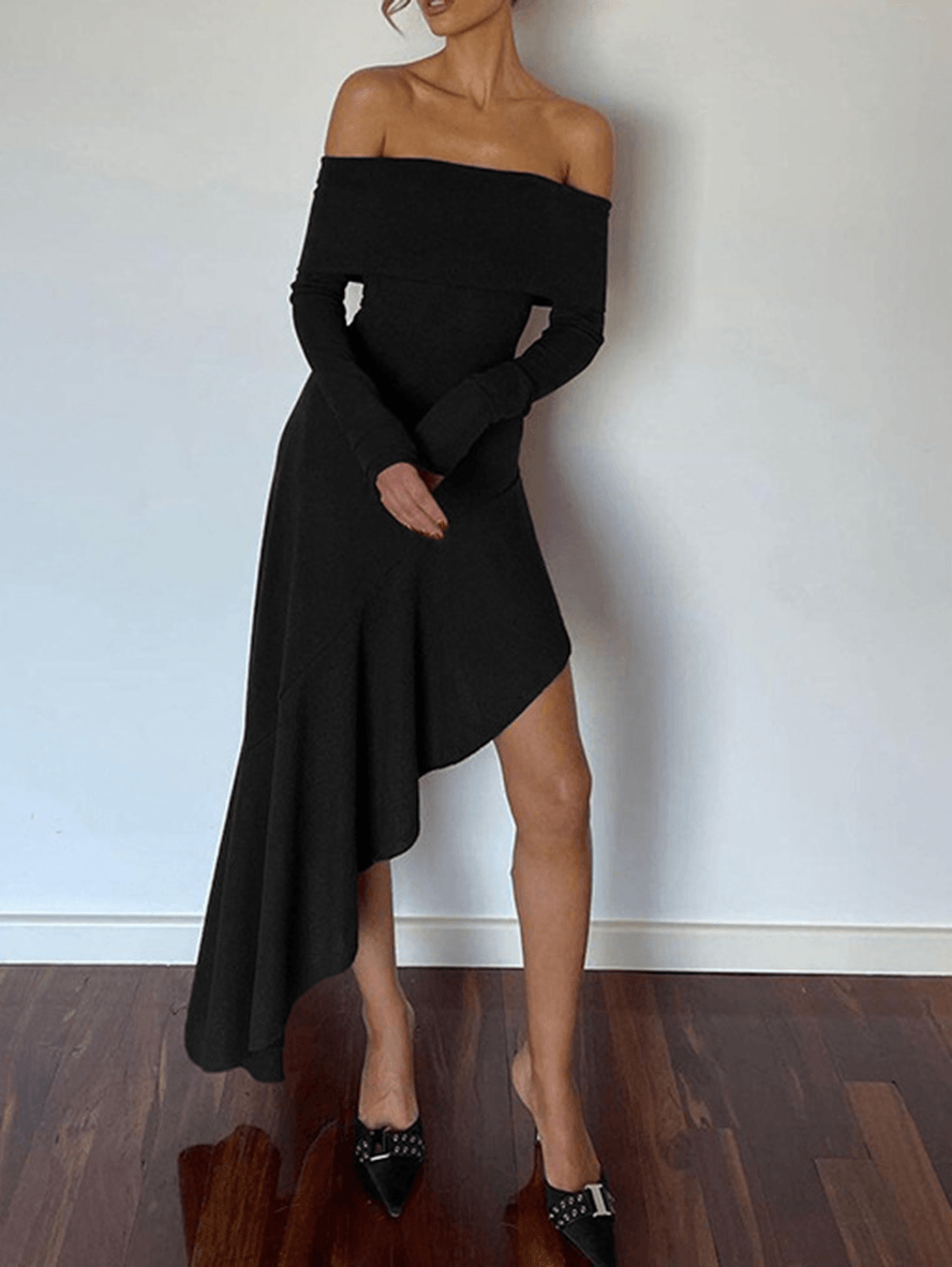 Solid Color Off Shoulder Swallowtail Irregular Long Sleeve Chic Elegant Fashion Cocktail Bodycon Maxi Dress