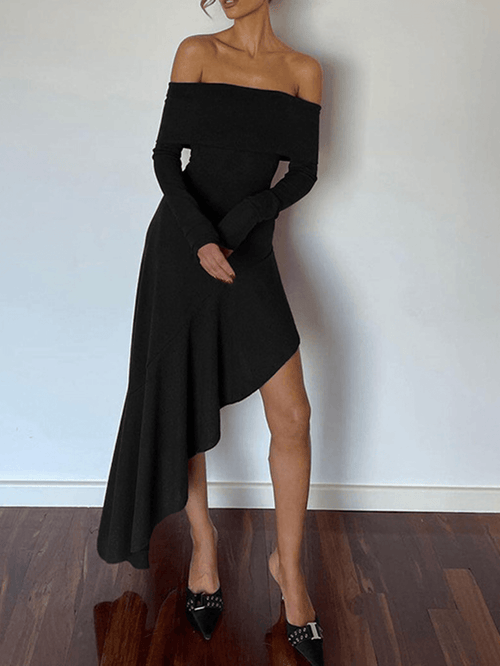 Solid Color Off Shoulder Swallowtail Irregular Long Sleeve Chic Elegant Fashion Cocktail Bodycon Maxi Dress