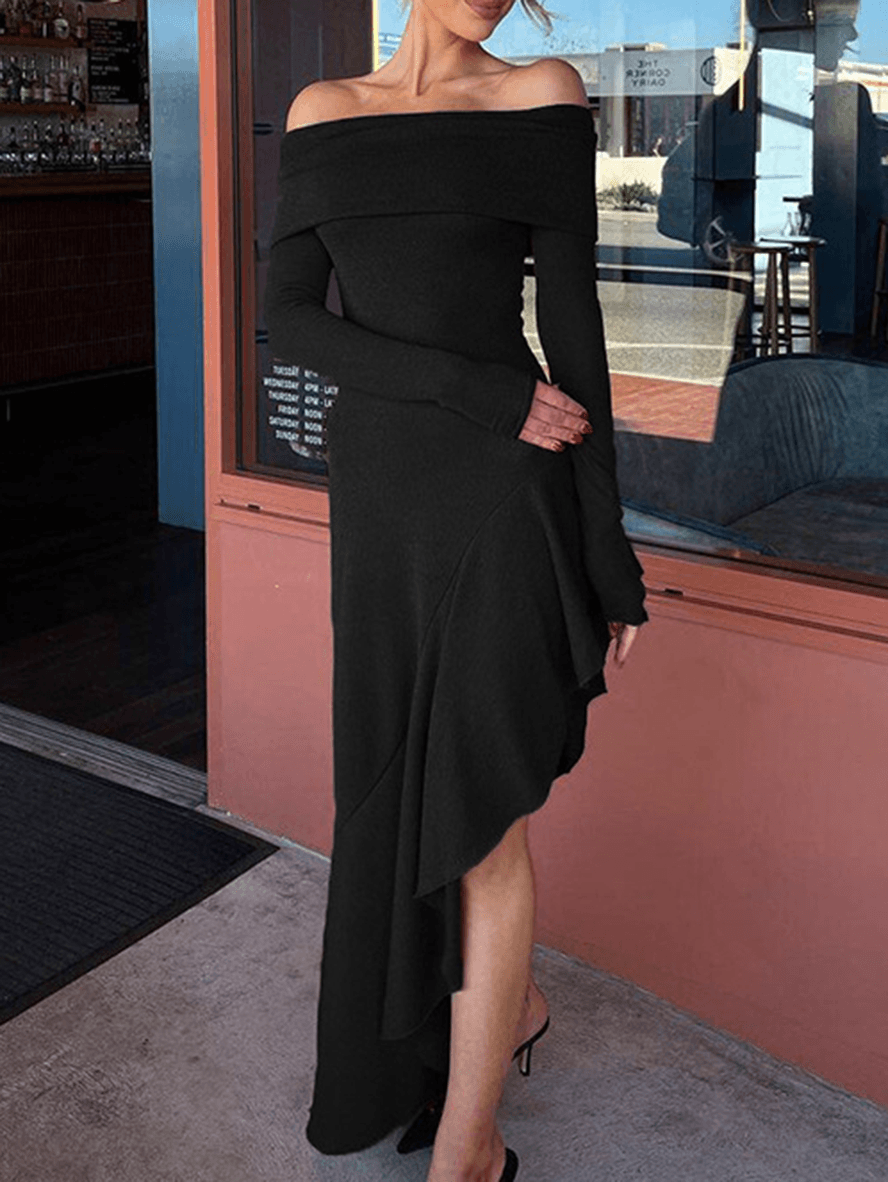 Solid Color Off Shoulder Swallowtail Irregular Long Sleeve Chic Elegant Fashion Cocktail Bodycon Maxi Dress