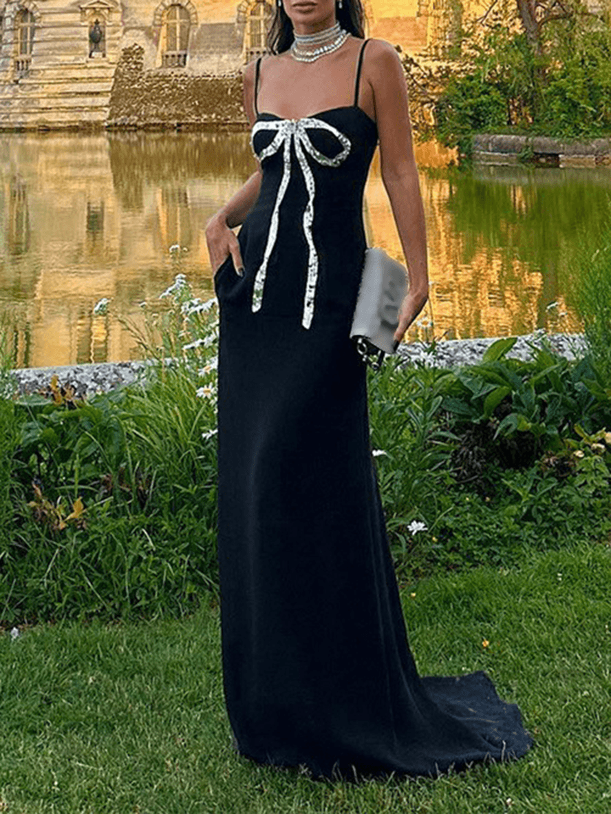 Bowknot Spaghetti Straps Bandeau Backless Sleeveless Chic Elegant Fashion Evening Party Bodycon Maxi Dress
