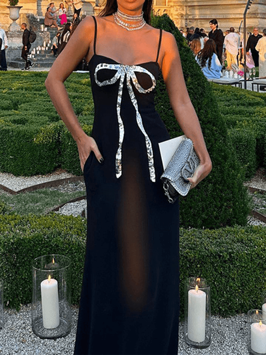 Bowknot Spaghetti Straps Bandeau Backless Sleeveless Chic Elegant Fashion Evening Party Bodycon Maxi Dress