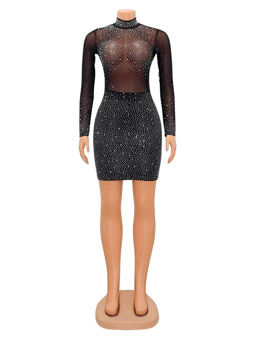 Mesh See Through Rhinestone Shimmer Sparkly Glitter High Neck Long Sleeve Clubwear Chic Cocktail Bodycon Mini Dress
