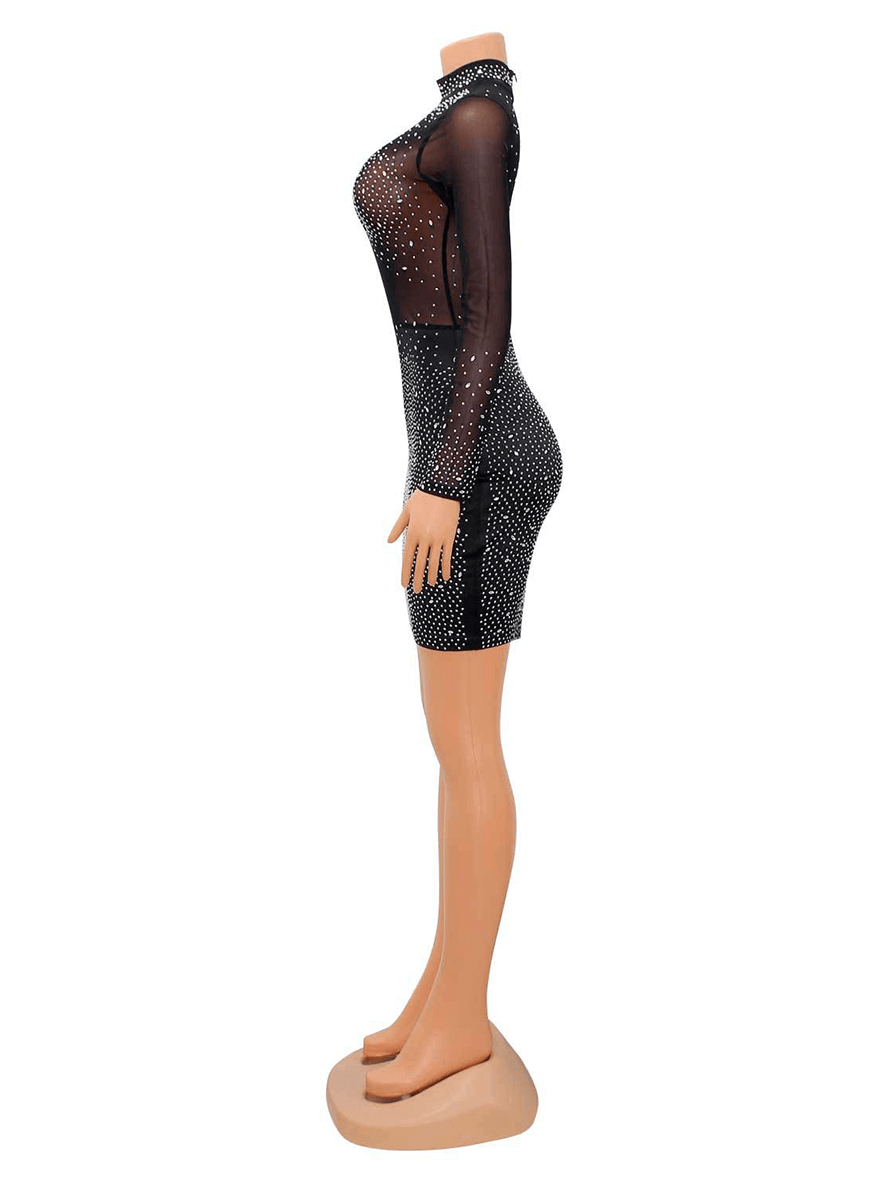 Mesh See Through Rhinestone Shimmer Sparkly Glitter High Neck Long Sleeve Clubwear Chic Cocktail Bodycon Mini Dress
