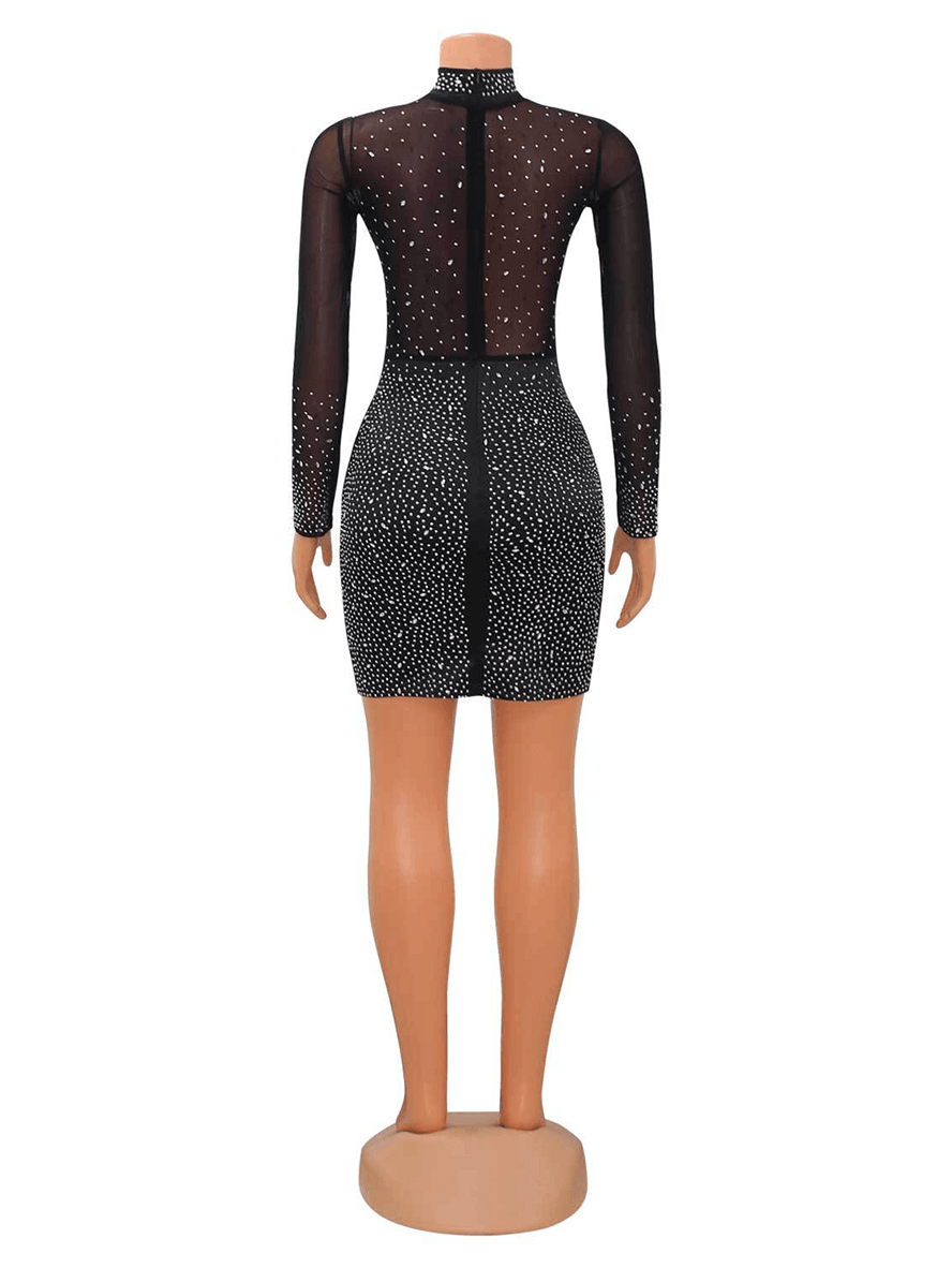 Mesh See Through Rhinestone Shimmer Sparkly Glitter High Neck Long Sleeve Clubwear Chic Cocktail Bodycon Mini Dress
