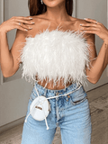 Solid Color Feather Off Shoulder Bandeau Crop Elegant Fashion Tank Tops