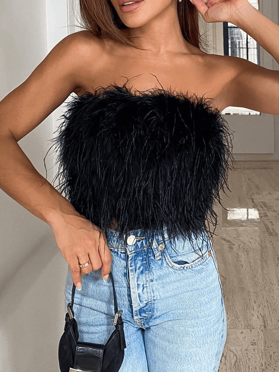 Solid Color Feather Off Shoulder Bandeau Crop Elegant Fashion Tank Tops