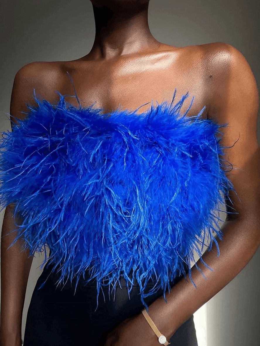 Solid Color Feather Off Shoulder Bandeau Crop Elegant Fashion Tank Tops