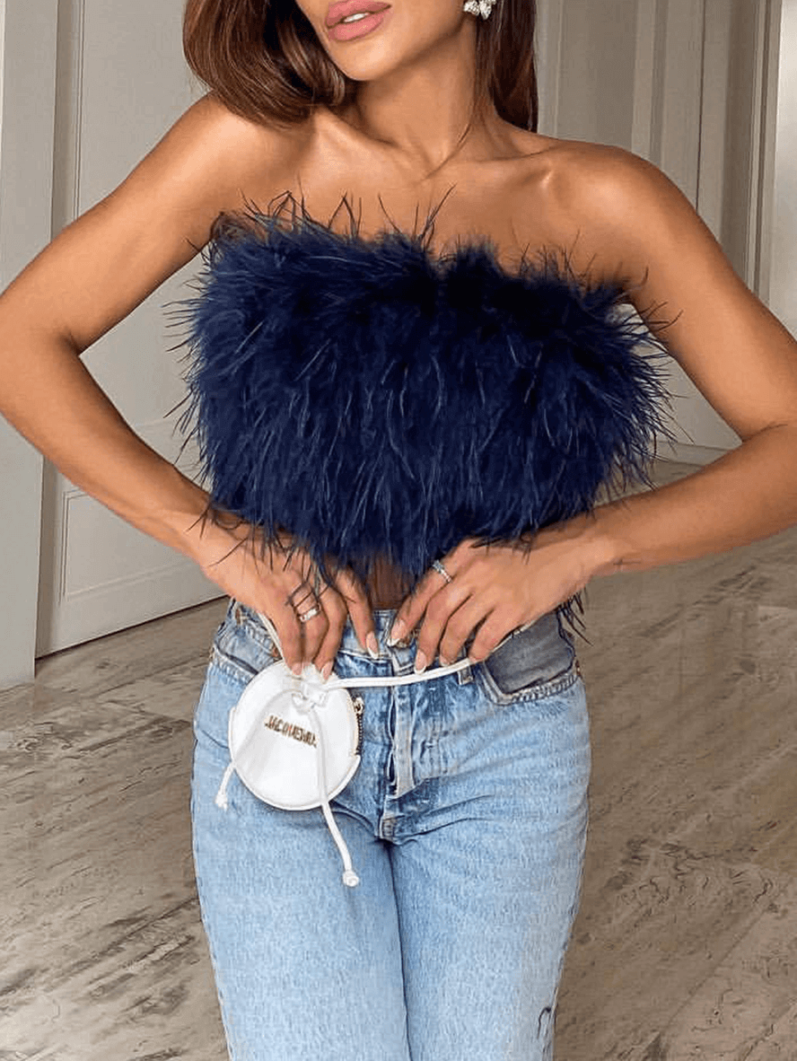 Solid Color Feather Off Shoulder Bandeau Crop Elegant Fashion Tank Tops