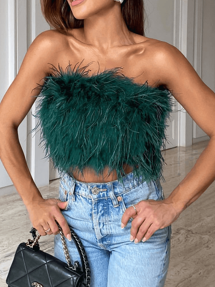 Solid Color Feather Off Shoulder Bandeau Crop Elegant Fashion Tank Tops