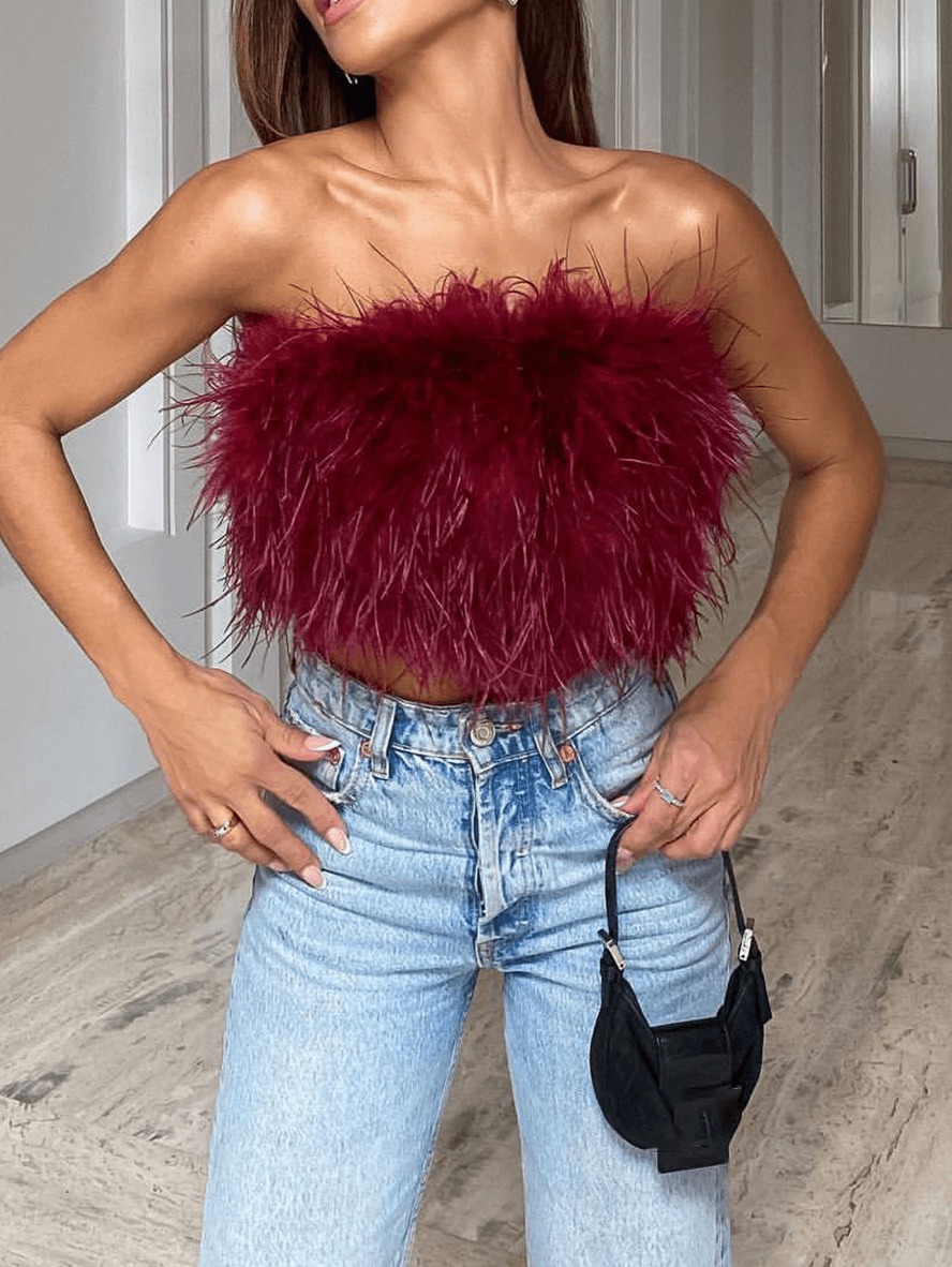Solid Color Feather Off Shoulder Bandeau Crop Elegant Fashion Tank Tops