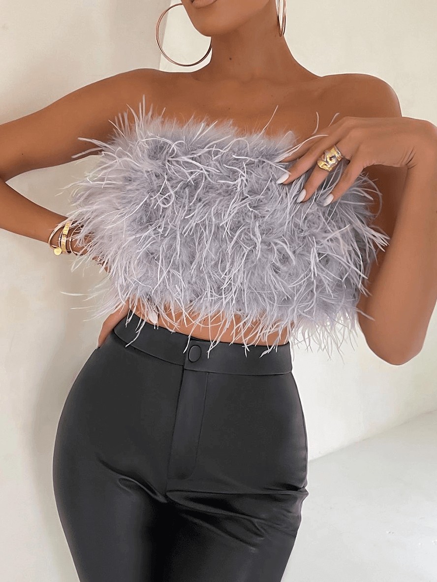 Solid Color Feather Off Shoulder Bandeau Crop Elegant Fashion Tank Tops