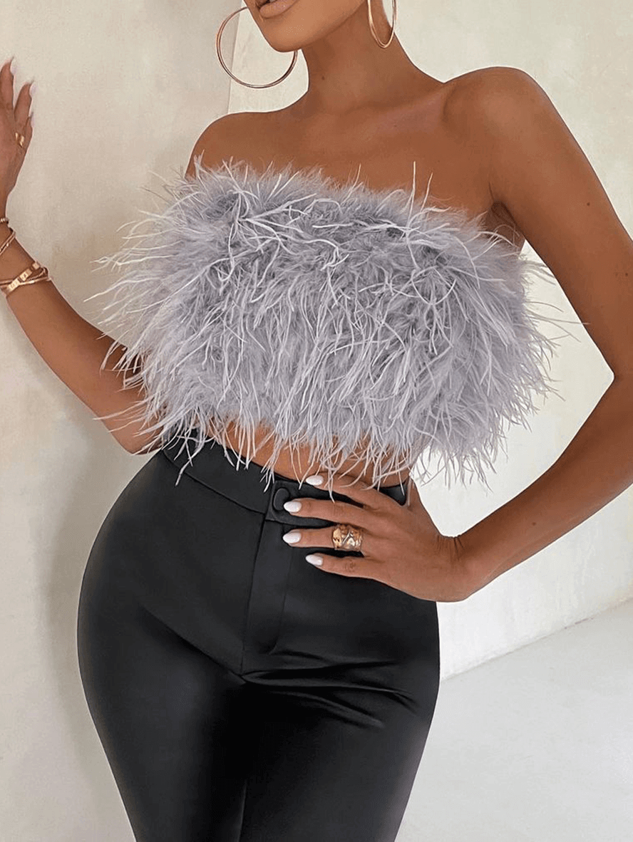 Solid Color Feather Off Shoulder Bandeau Crop Elegant Fashion Tank Tops
