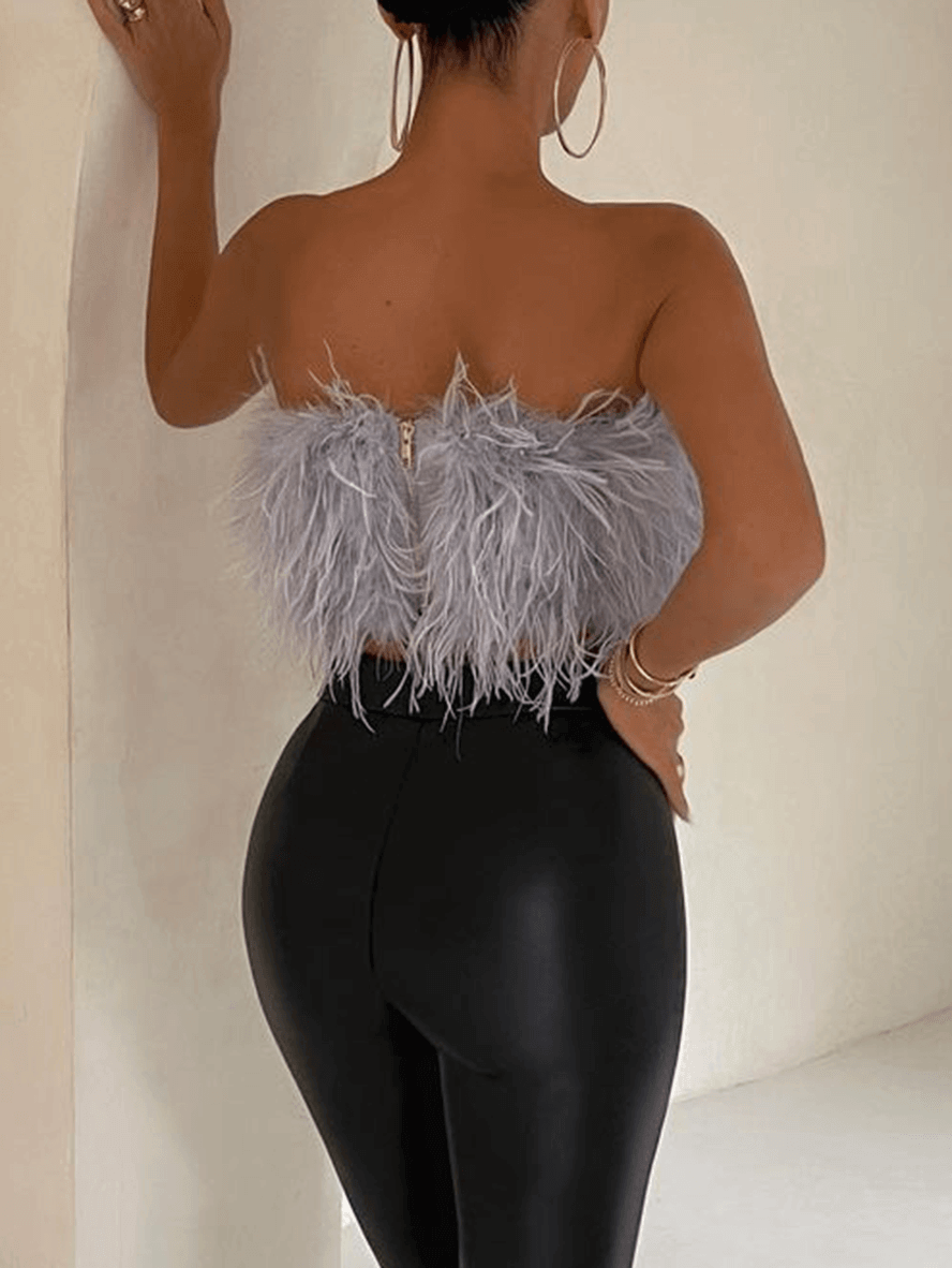 Solid Color Feather Off Shoulder Bandeau Crop Elegant Fashion Tank Tops